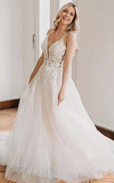 Bohemian A Line Floor-length Lace Tulle Spaghetti V-neck Sleeveless Wedding Dress