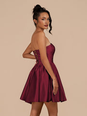 Burgundy - A Line Satin Strapless Puffed Sleeves Short Homecoming Dresses