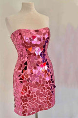 Bodycon Strapless Pink Mini Party Dresses with Beading